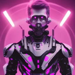 handsome, cute man, handsome man in futuristic suits, black and white highlight hair color, pink and purple background, pink lighting, deep purple backlighting, gun, smoke, robot suits