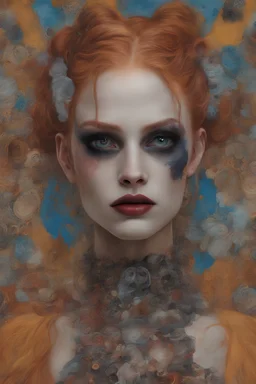 Harley Ginger hair Alexandra "Sasha" render eye candy Suicide Squad Harley Quinn psychology oil paiting In depth psychology display Gustav Klimt style New York City detailed render eye candy breathtaking