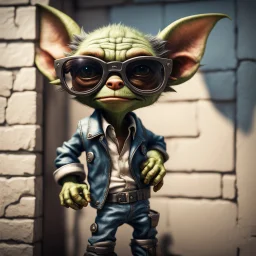 airbrush with pen outline, cool pimp gremlin leaning against a wall, wearing flip down sun glasses, in the style of a fallout 4,bokeh like f/0.8, tilt-shift lens 8k, high detail, smooth render, down-light, unreal engine, prize winning