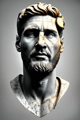 Ultra Realistic image, roman sculpture, white marble material, Lionel Messi, gold win Laurel crown, miguel angel style, chisel style, emperor, waist up portrait, epic, celestial, cinematic lighting, God light, god rays, 4k resolution, smooth details, ornate details, soft lighting, unreal engine 5, sky and clouds background.