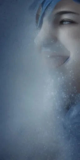 clouds of fog as woman's face, dissolving, disintegrating, wearing blue hijab, fine detail, highly intricate, wearing blue hijab, modern surrealism painting, high-quality, volumetric lighting, 8k, ultrahd, George Grie, Marco Escobedo, Igor Morski,Brian Froud, Howard Lyon, Selina French,