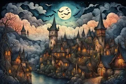 medieval village at night in Zentangle, on an eerie hazy Halloween night, church and bell tower; in the style of Anton Pieck and Arthur Rackham and Van Gogh and Pieter Bruegel; Dramatic clouds, bats, vines, vivid pastel colors, mist, elegant, intricate, beautiful HD 3D line art, watercolor ink, extremely detailed, intricate, exquisite, fantastic surreal, magical, HDR, fractal, beautiful, award-winning, fantastic scenery, fantasy, clear quality Modifiers: 8k 幻想 错综复杂 分形艺术 立体感
