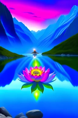 Chamanisme, God, angel, blue water, air, little light fire on green earth, Real swiss Greenland mountain, ocean landscape, fire heart nice pink lotus flour in the center with mystical smoke, Joy happiness, hyper real, sunrise on mountain, sirius star,