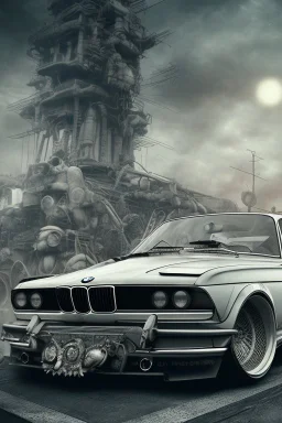 Realistic image. Grunge BMW 4 2024. 4k resolution, intricate details, ornate details, soft lighting, vibrant colors, mad max background