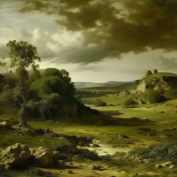 An olive green wasteland near an abandoned plague town painted by Gustave Courbet