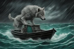 A giant lumbering grey wolf attacks a tiny boat in a stormy sea, a dark, ominous image, black, turquoise (a little closer to green) and white colours, rain, wind, lightning, dynamic, surreal. And a cat. Definitely a cat.