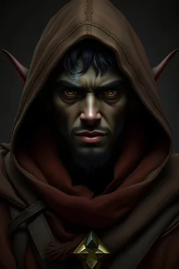 Portrait of a dark elf dark skin male hooded