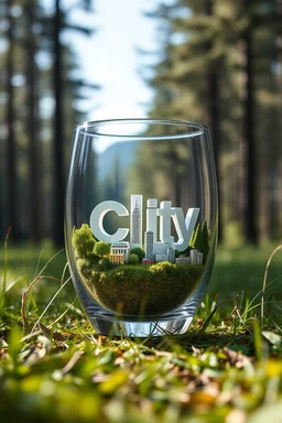 Create hyper-realistic photo of a glass tumbler in a wild forest. Inside, a miniature [City] with landmarks. A sleek white 3D text of [City] blends naturally into the landscape. Soft bright daylight, reflections, and subtle imperfections like fingerprints. DSLR quality, sharp focus.
