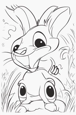 blank colouring book, white background, simple picture for toddlers, rabbit, four legs, smile on face, disney and pixar style