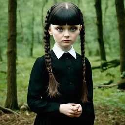 Young lily-rose Depp as Wednesday addams, braids, bangs, in tge woods