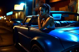 woman with leather pants, white tank top, leaning against metallic blue convertible car, night, illuminated by the faint light of a street lamp, behind the car a booth with graffiti, 16K