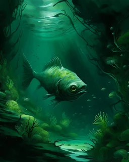 A greenish blue underwater abyss with angler fish painted by Auguste Rodin