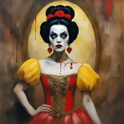 a Hideous, horrifying, frightening black-haired female Zombie Snow White, wearing a red leather sling suit with a gold/yellow bat emblem on the waist, dark, multicolored watercolor stained wall in the background, oil painting in the art style of Frank Frazetta, 32k UHD, Hyper realistic, photorealistic, realistic, sharp, highly detailed, professional quality, beautiful, awesome, majestic, superb, trending on artstation