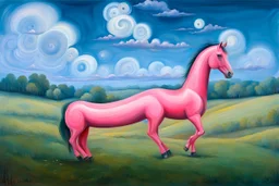 strange Big pink plastic horse.19th painting