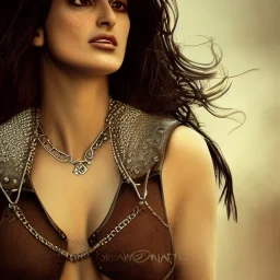 best quality, realistic lighting, masterpiece portrait of Penélope Cruz, details, light dusting of freckles, cowboy shot from above, simple chain hauberk, warhammerVector art matte painting digital illustration 3D shading CryEngine Behance HD 3Delight