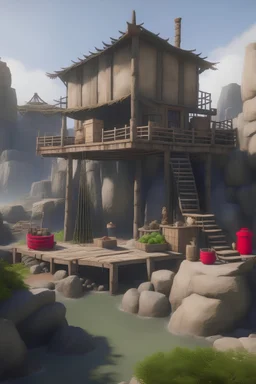 a pirate den builded on big rocks surrounded by myst