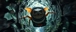 hyper sonic space warp through jungle tunnel crash pilot ,weird experiment gone wrong perspective close up portrait of dj shrimp beaver spider smug snake gringo gremlin pilot floating in space, looking down on cam, with background in the style of escher and giger, a chill contrapunctus fugue in the style of fsol, beethoven, goa trance breaks, dancefloor drum and bass,