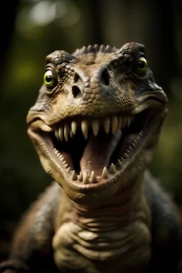 A kind dinosaur smiles without teeth
