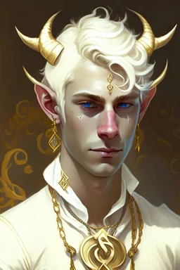 A young tiefling man, with white blonde hair who dresses in gold and white, wearing jewelry