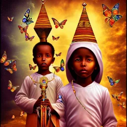 photo, Ethiopian Orthodox child wizard, mushrooms, butterflies