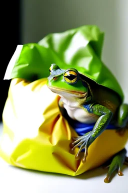 a frog wearing an ikea bag