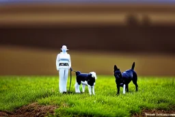 Photograph 60 mm lens. Technological singularity. Post-apocalypse utopia. Machine, fake smile, staring eyes. Milky white lay figures torso on the ground. Grass, mud. dirt. Dog sniffing the torso. An yard of a farm is in the Background. Mercury Puddles. Zoom. Background is fussy. Cyborg's torso is dirty.