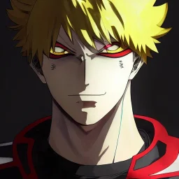 Detailed anime portrait of bakugo from my hero academia, gold hair and golden eyes, black suit, intricate details, full body portrait, keep head in frame, slight smile, black Japanese motif, concept art, highly detailed, digital painting, concept art, sharp focus, illustration, art by Yoji Shinkawa, WLOP and greg rutkowski and alphonse mucha and artgerm and yanjun Chen and Junji ito and Makoto Shinkai, HDR, octane render