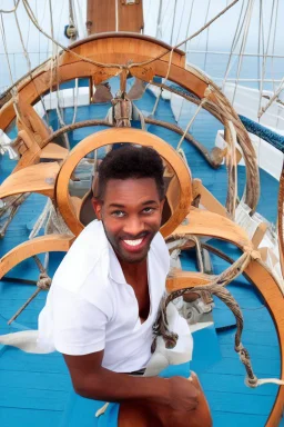 a cheerful sailor sitting on rum barrels aboard a sailing ship at sea, with the ship's steering wheel in the background