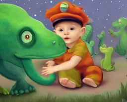 1yo little szymon is on safari onthe moon. petting a green dinosaur. he has big binoculars and a funny hat. High detailed. Cinematic. Digital painting. Warm lights.