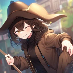 Clear focus, High resolution, short brown spiky hair, hair between eyes, eyes closed, wearing a brown detective hat, wearing a brown jacket and a black shirt, wearing black shorts, 1girl, pulling hat down, smiling, wearing a oversized hoodie