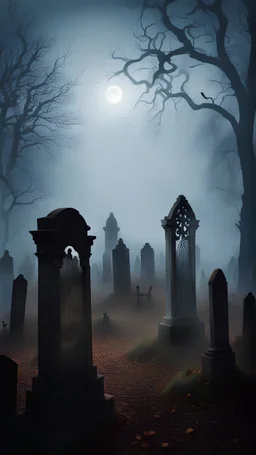 The view opens to the creepy graves of an old haunted cemetery, through the fog at night