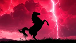 full silhouette of a horse rearing up(on right, facing left, outlined by lightning), red cloudy sky, lightning bolts(from top left, to bottom right), 3d illustration