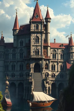 give me an image of a grand school of magic encompassing 9 different schools of magic, a library, a tower specifically for the archmage, and an adjoining boathouse floating in space. Let the architecture of the school be a renaissance castle