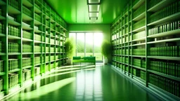 Modern green library interior with sunlight. Decor and desing concept. 3D Rendering