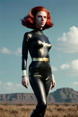 retro portrait image from 1960, sky background, wind, long red hair, fighting stance, sweet young Scarlett Johansson, black dress, classic long tight lycra black suit, gold bracelet and belt, high heel boots, superhero style, soft color, highly detailed, unreal engine 5, ray tracing, RTX, lumen lighting, ultra detail, volumetric lighting, 3d, finely drawn, high definition, high resolution.