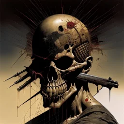 "SLAYER" heavy metal art illustration, Grotesque gun picture, Release the slide to cleanse inside- Prepare to anoint Snap the tongue in groove discharged- To make my hallowed point; double exposure, unsettling, surreal, sinister, profound, dramatic, by Dave McKean, text "SLAYER"