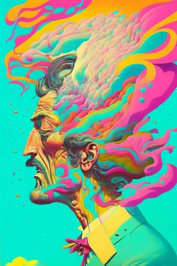 Man whose head is evaporating into the wind; Pop Art; Surrealism; Salvador Dali, Alex Pardee, Insanely Detailed; Intricate; Award-Winning; Bright Pastels