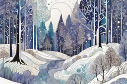 random color Zentangle patterns in the styles of Gustav Klimt ,Wassily Kandinsky, Paul Klee, and Kay Nielsen that depicts a quiet snow clad winter forest with fine ink outlining