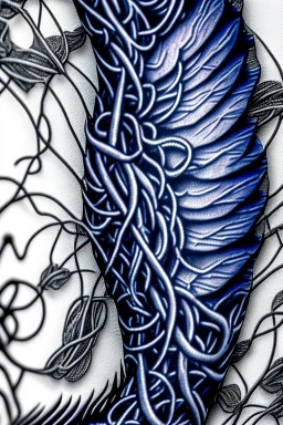 upclose ultra realistic and highly detailed photo of a tattoo, close up texturised image of an angel wing, on the angel wing a name is written -"Jiu-Jitsu", the backgrond is an abstract, chaotic and explosive collage of of vines with thorns and rope knots,.blue and gray,.32k