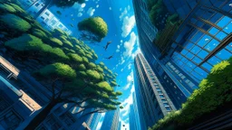 man working with a background of skyscrapers, low camera angle, blue sky, green trees, blue sky, light flowing through, painting by max ernst, ultra detailed, bright, Greg Rutkowski, Charlie Bowater, Yuumei, Yanjun Cheng, unreal 5,