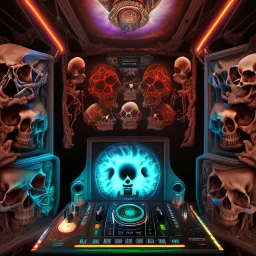 DJ of the damnded, insanely detailed DJ booth in hell, MID set, speakers and equipment made of bone, anatomically correct, add more skulls in th audience, photorealism, vray, 8k 3d, woofers in all empty eye sockets of stage equipment, wide angle, telephoto, from audience, all multicolored skulls,