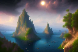 Clouds, cliff and lagoon, science fiction landscape