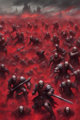 a red battle field with dead orcs