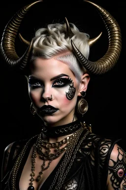 A young tiefling woman with a set of ram horns on her head encrusted with jewels, White-Blonde, short hair, black eyes, dressed in black with lots of jewelry, beautiful, satanic tattoos on her neck