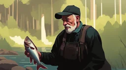 a man catching a fish and eats it raw, cartoon style Simon Stålenhag