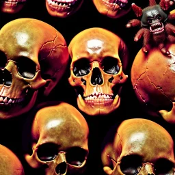 a picture of a dark, comedic, anatomically correct wall of colorful tightly packed skulls of varying sizes and expressions, photo realistic, insanely meticulous, highly detailed, part of a collection of bones on display, 64k, dystopian, vray