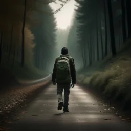 a lonely figure with a backpack, leaving a metropole, on a road, into a forest, photo quality