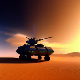 volumetric Wide desert view painted by chris foss of Military hovering tank With laser from the future, 4k, 8k, [hovercraft] Minutiae, highly detailed, render, rivets, hovering, stripes, sunset duststorm, nimbus clouds