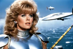 Jane Fonda as Barbarella, clad in her iconic silver outfit, she prepares her sci-fi fishing equipment with practiced ease, her eyes scanning the horizon for any signs of movement beneath the shimmering surface of the water. It is obvious she is a fearless adventurer with a penchant for the unusual, and she is getting ready to fish. She raises her piercing eyes
