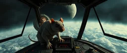 6️⃣ Pre-Landing Chaos "Cockpit view: damaged but functional spaceship descending over stormy alien planet. Giant mummy rat crouches on console, eyes wide and alert, tail flicking. Crew frantically manages controls. Caged rat visible in lab module behind, stasis rat faintly illuminated. Atmosphere tense, cinematic dramatic shadows, eyes on rats for personality, Rembrandt-inspired contrast."